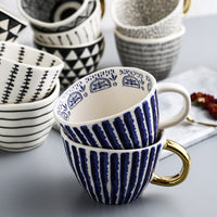 Geometric Ceramic Mugs with Golden Handle