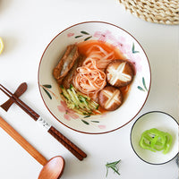 Japanese Hand-painted Sakura Ceramic Bowl with Bamboo Spoon