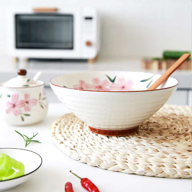 Japanese Hand-painted Sakura Ceramic Bowl with Bamboo Spoon