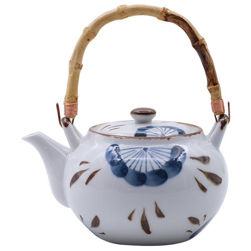 Retro style hand-painted tea pot with bamboo handle