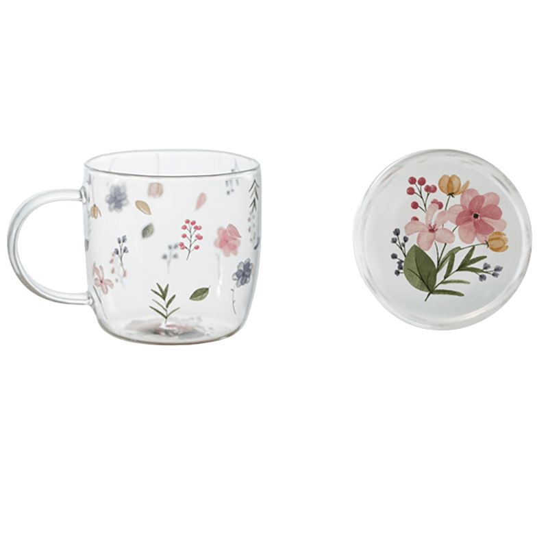 400ml Flower Pattern Glass Mug - Green Moon