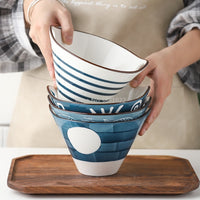 Ceramic Handpainted Japanese Style Noodle Bowl - Stripe pattern