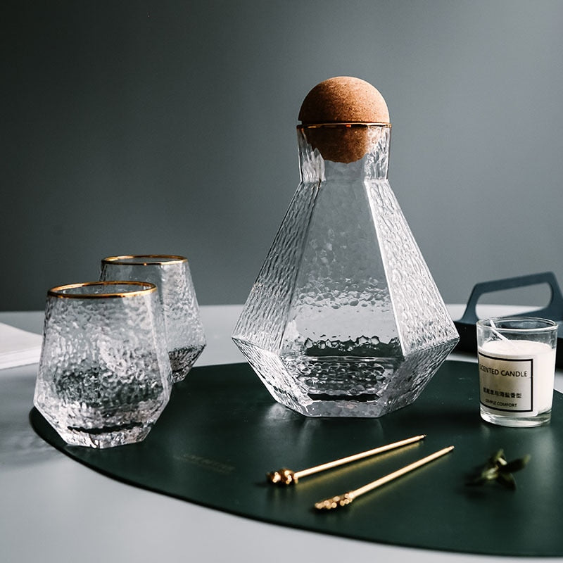 Nordic Geometric Glass Pitcher with Two Cups