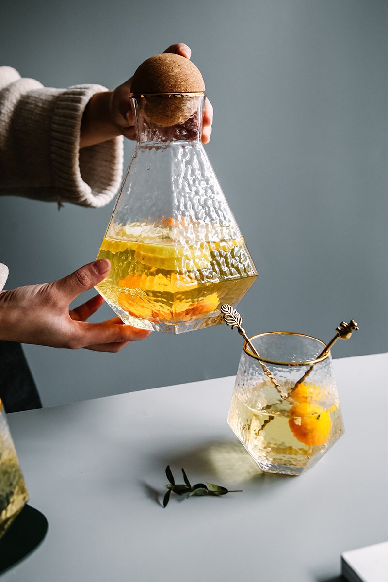 Nordic Geometric Glass Pitcher with Two Cups