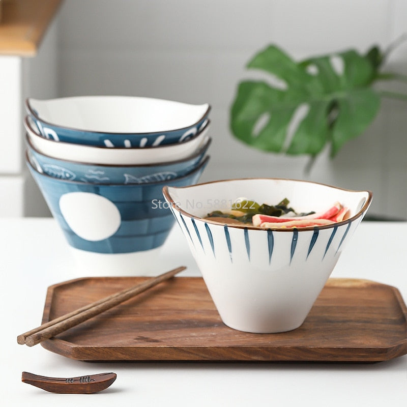 Ceramic Handpainted Japanese Style Noodle Bowl - Stripe pattern
