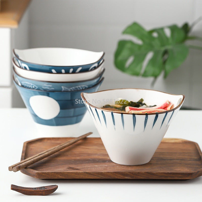 Ceramic Handpainted Japanese Style Noodle Bowl - Brick pattern