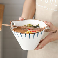 Ceramic Handpainted Japanese Style Noodle Bowl - Stripe pattern