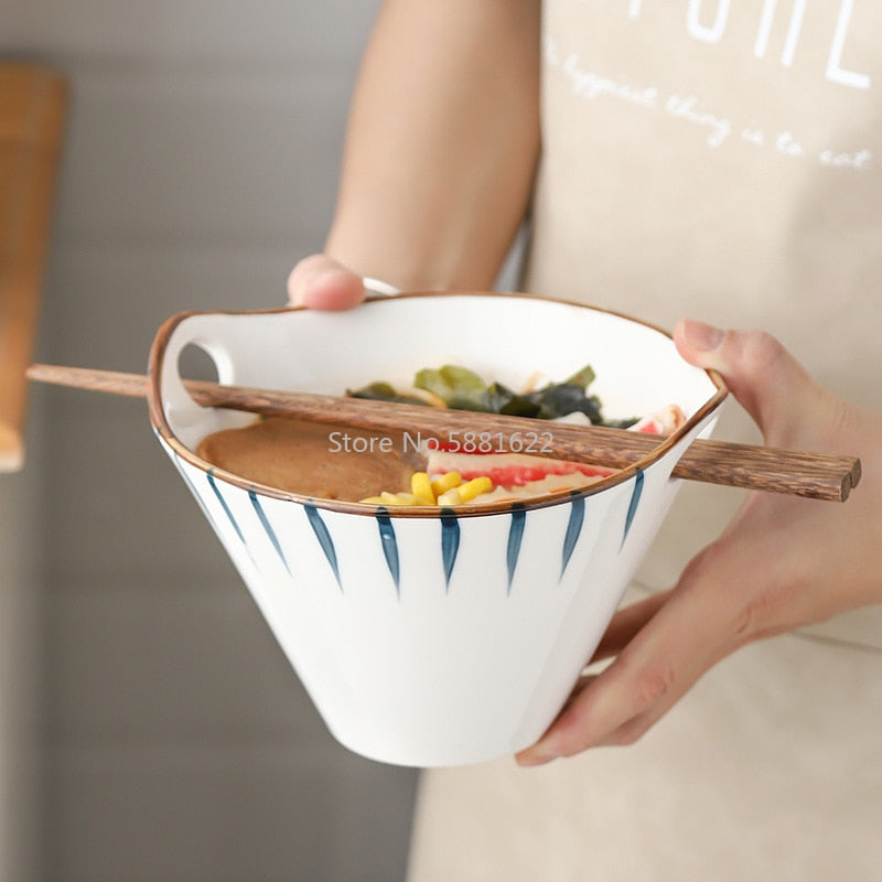 Ceramic Handpainted Japanese Style Noodle Bowl - Lines pattern