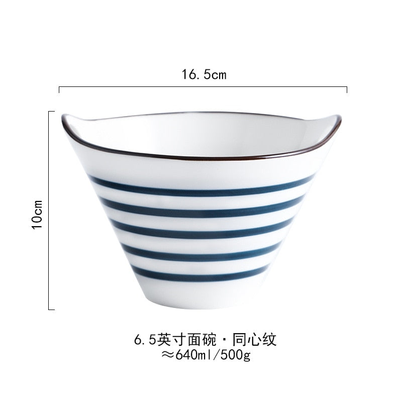 Ceramic Handpainted Japanese Style Noodle Bowl - Stripe pattern