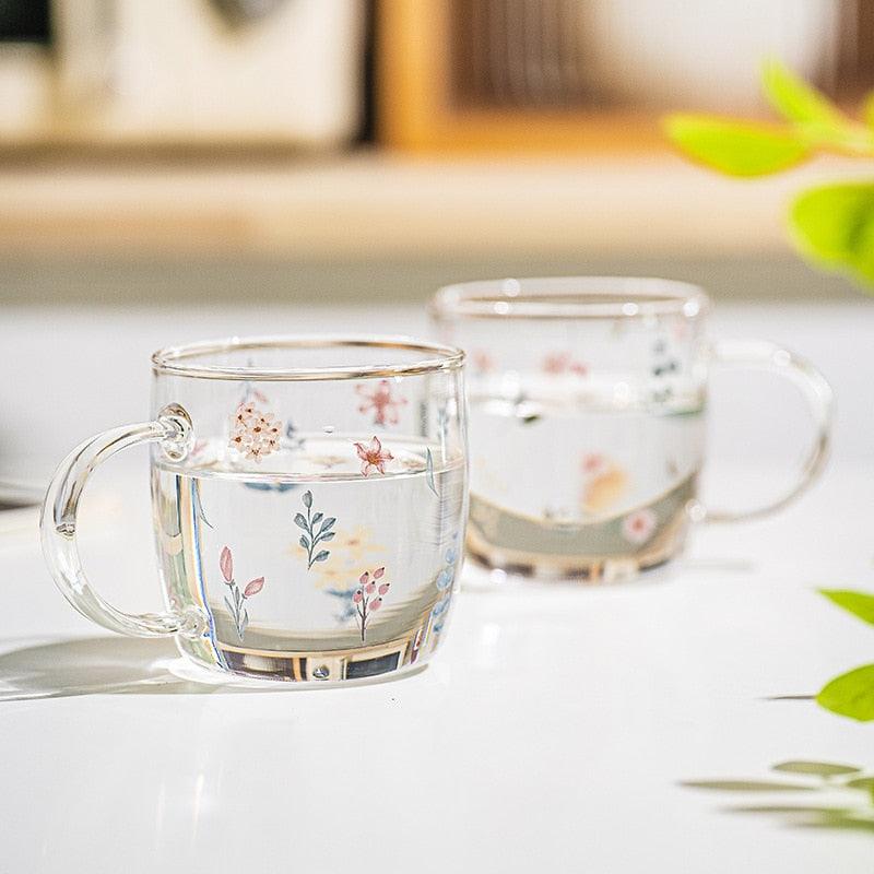 400ml Flower Pattern Glass Mug - Green Moon