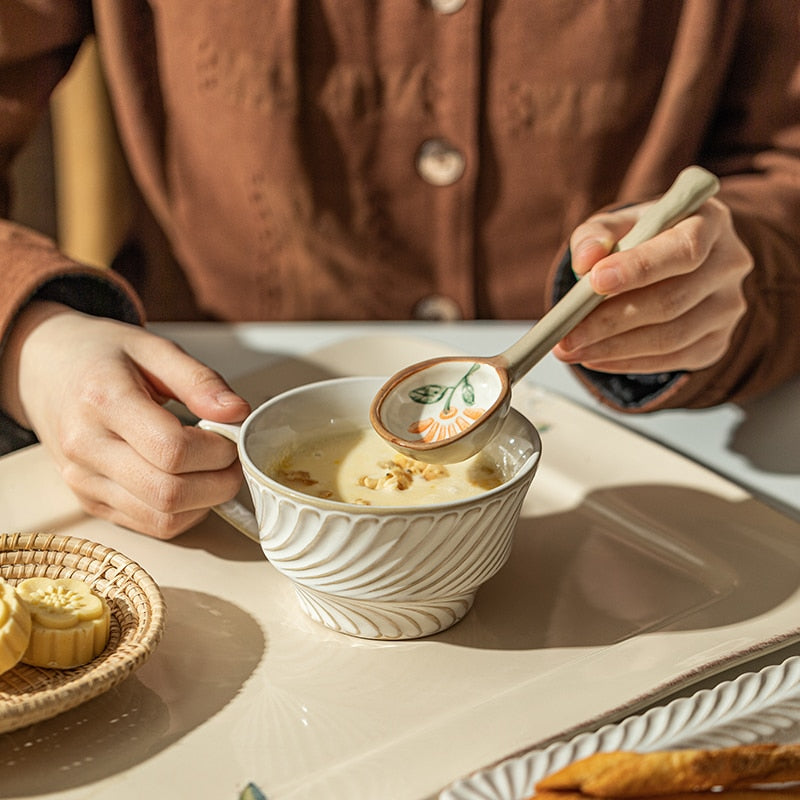 Orange Flower Ceramic Spoon with Long Handle